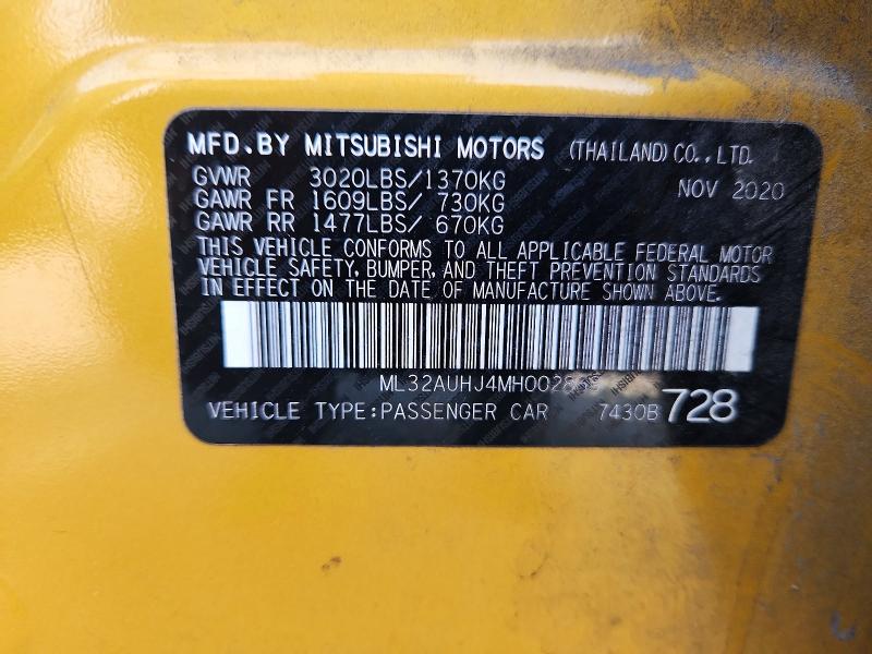 Aukcja sprzedaży 2021 Mitsubishi Mirage, vin: ML32AUHJ4MH002869, numer aukcji: 71239516