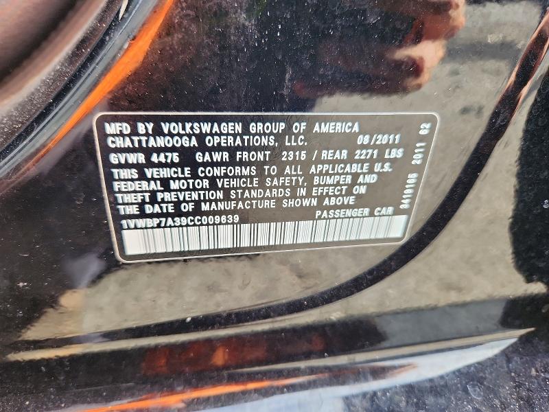 70433416 :رقم المزاد ، 1VWBP7A39CC009639 vin ، 2012 Volkswagen Passat مزاد بيع
