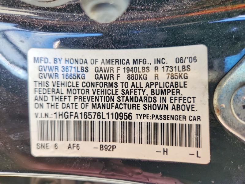 69944226 :رقم المزاد ، 1HGFA16576L110956 vin ، 2006 Honda Civic مزاد بيع
