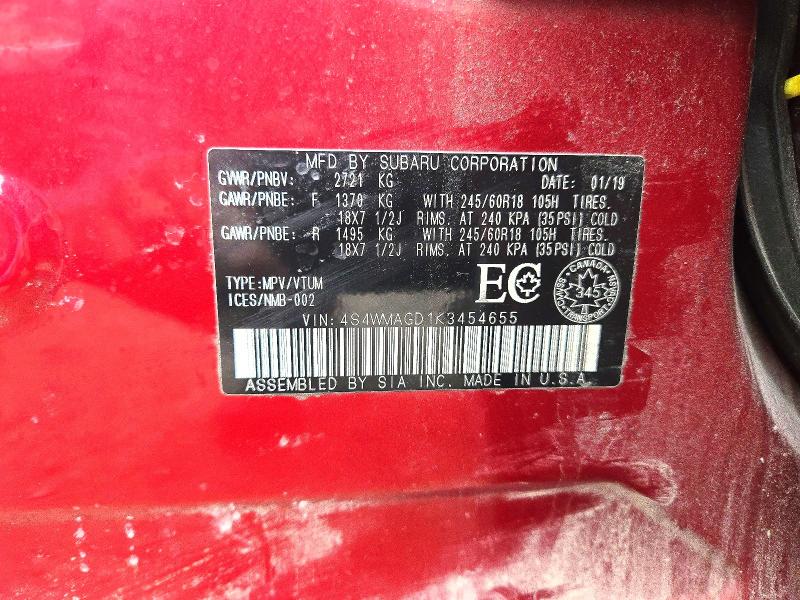 69347616 :رقم المزاد ، 4S4WMAGD1K3454655 vin ، 2019 Subaru Ascent مزاد بيع