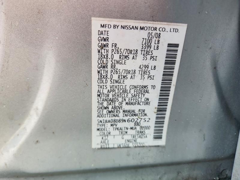 69599216 :رقم المزاد ، 5N1BA08D89N602752 vin ، 2009 Nissan Armada مزاد بيع