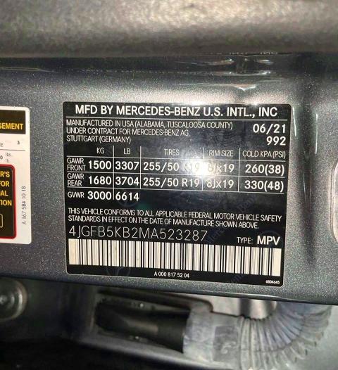 2021 Mercedes-benz Gle მანქანა იყიდება აუქციონზე, vin: 4JGFB5KB2MA523287, აუქციონის ნომერი: 68307806