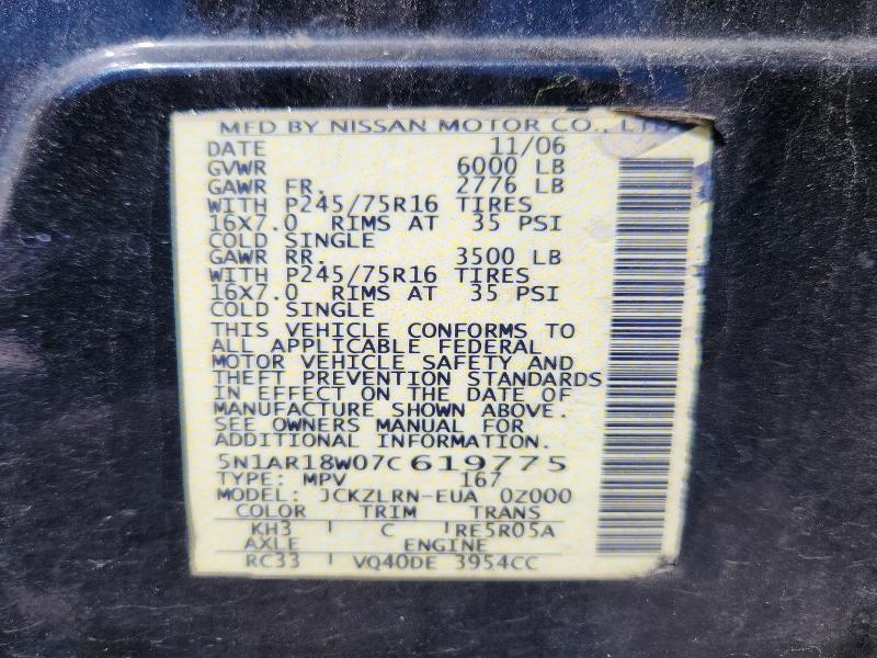 2007 Nissan Pathfinder მანქანა იყიდება აუქციონზე, vin: 5N1AR18W07C619775, აუქციონის ნომერი: 67607216