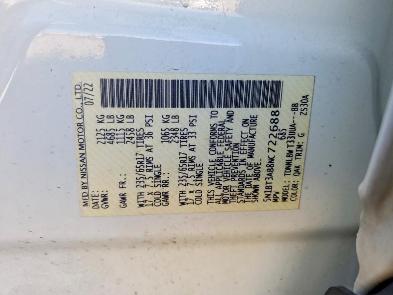 68549796 :رقم المزاد ، 5N1BT3AB8NC722688 vin ، 2022 Nissan Rogue مزاد بيع