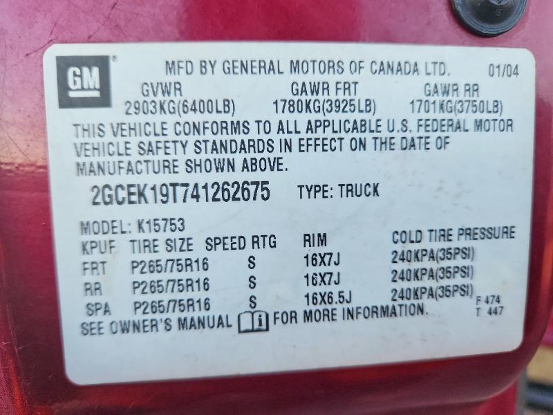70738256 :رقم المزاد ، 2GCEK19T741262675 vin ، 2004 Chevrolet Silverado مزاد بيع