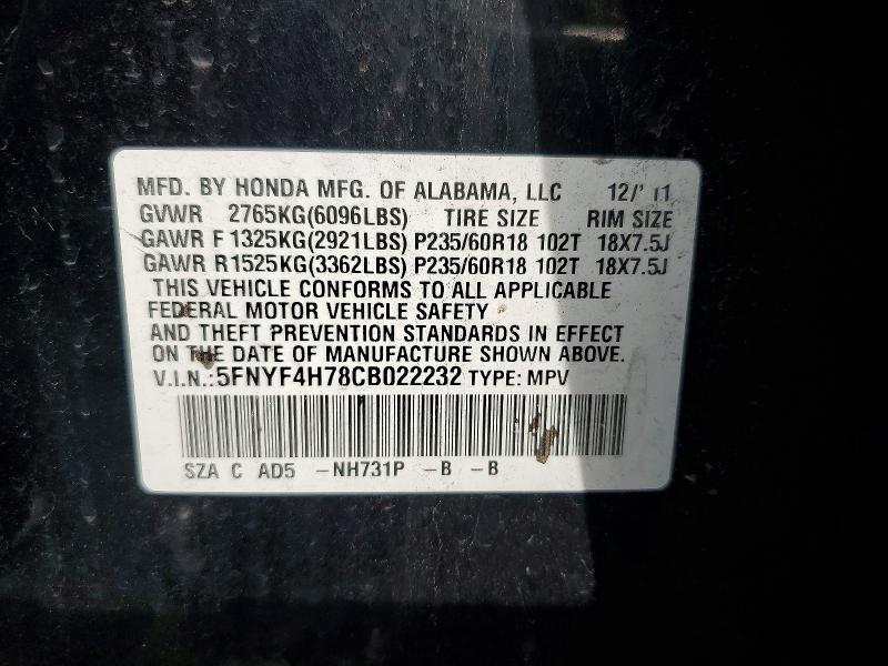 2012 Honda Pilot მანქანა იყიდება აუქციონზე, vin: 5FNYF4H78CB022232, აუქციონის ნომერი: 70137576