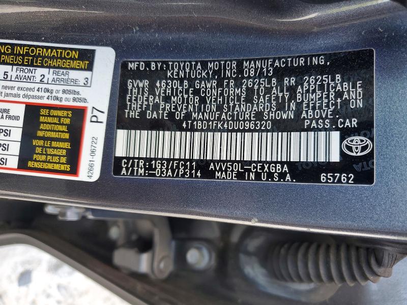 68205726 :رقم المزاد ، 4T1BD1FK4DU096320 vin ، 2013 Toyota Camry Hybrid مزاد بيع