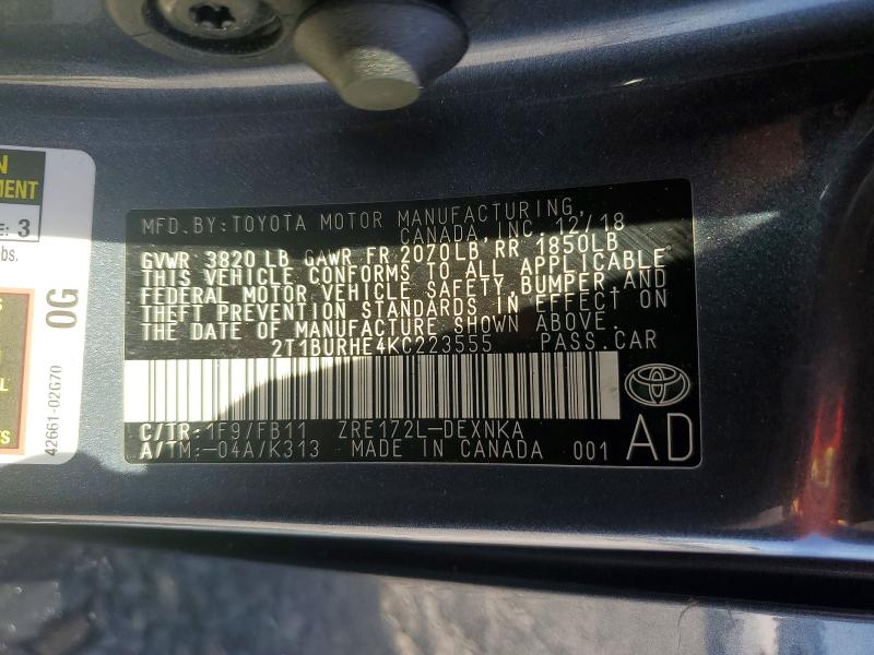 2019 Toyota Corolla მანქანა იყიდება აუქციონზე, vin: 2T1BURHE4KC223555, აუქციონის ნომერი: 69250146