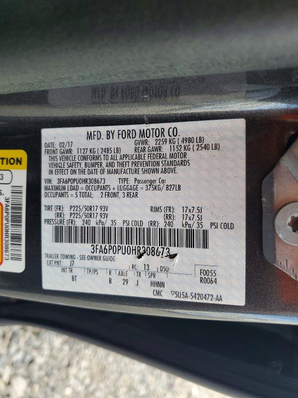 Продажа на аукционе авто 2017 Ford Fusion, vin: 3FA6P0PU0HR308673, номер лота: 69951306
