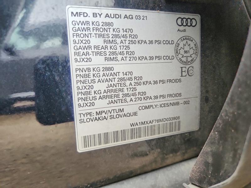 Aukcja sprzedaży 2021 Audi Q7, vin: WA1MXAF76MD033908, numer aukcji: 69743346