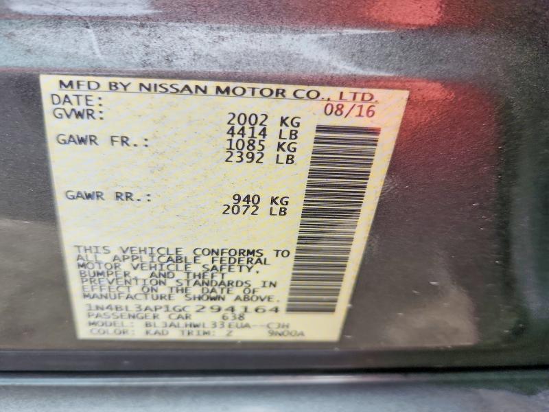 2016 Nissan Altima მანქანა იყიდება აუქციონზე, vin: 1N4BL3AP1GC294164, აუქციონის ნომერი: 68636766