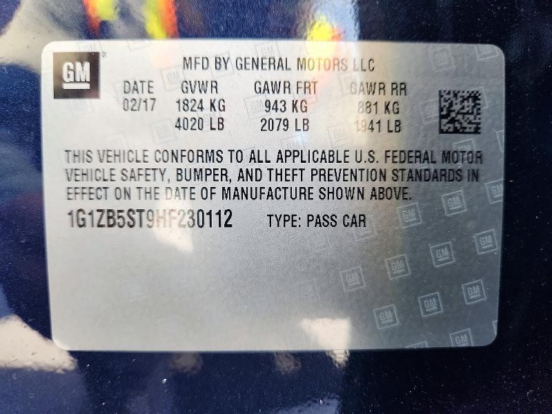 70780226 :رقم المزاد ، 1G1ZB5ST9HF230112 vin ، 2017 Chevrolet Malibu مزاد بيع