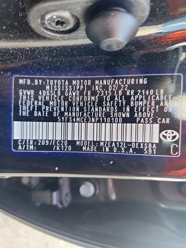 71161966 :رقم المزاد ، 5YFS4MCE3NP110100 vin ، 2022 Toyota Corolla مزاد بيع