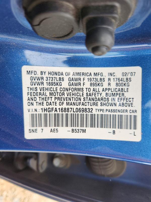Продаж на аукціоні авто 2007 Honda Civic, vin: 1HGFA16887L069832, номер лоту: 70466356
