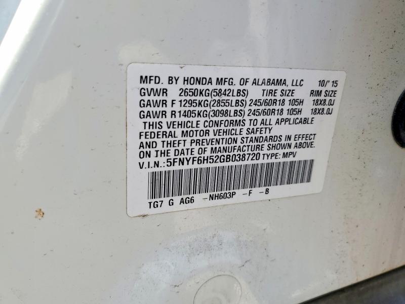 Aukcja sprzedaży 2016 Honda Pilot, vin: 5FNYF6H52GB038720, numer aukcji: 67805306