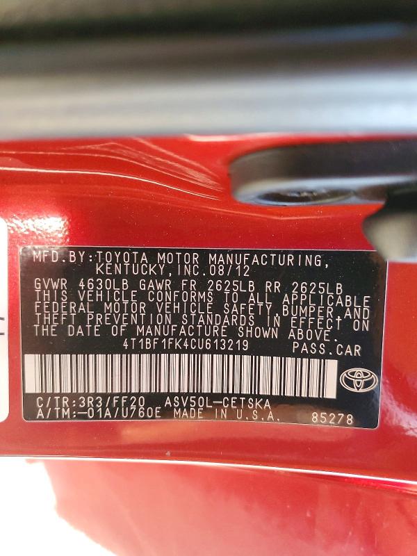 2012 Toyota Camry მანქანა იყიდება აუქციონზე, vin: 4T1BF1FK4CU613219, აუქციონის ნომერი: 67820416