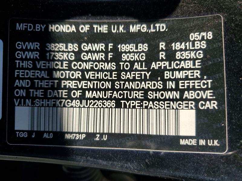 68057146 :رقم المزاد ، SHHFK7G49JU226366 vin ، 2018 Honda Civic مزاد بيع