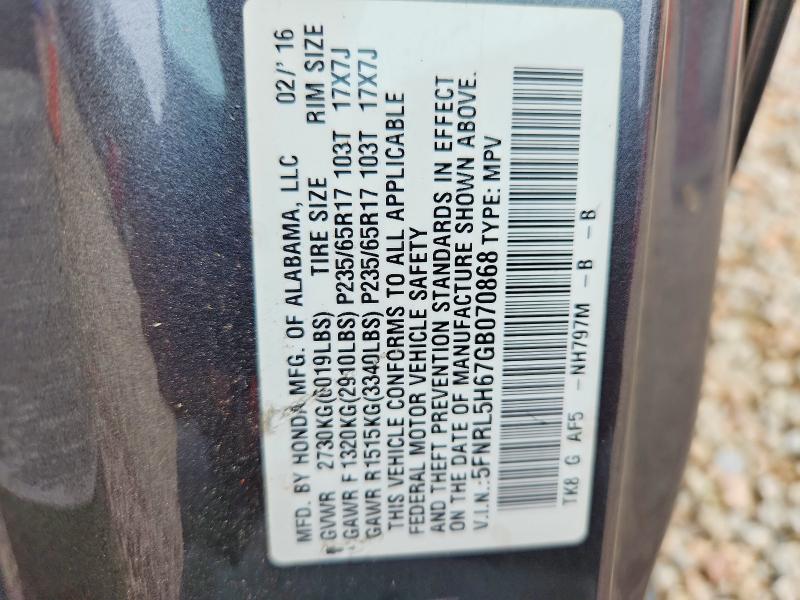Aukcja sprzedaży 2016 Honda Odyssey, vin: 5FNRL5H67GB070868, numer aukcji: 70326866