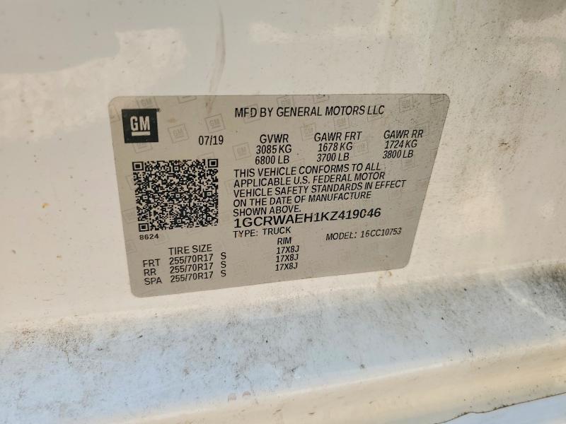 Aukcja sprzedaży 2019 Chevrolet Silverado, vin: 1GCRWAEH1KZ419046, numer aukcji: 67471026