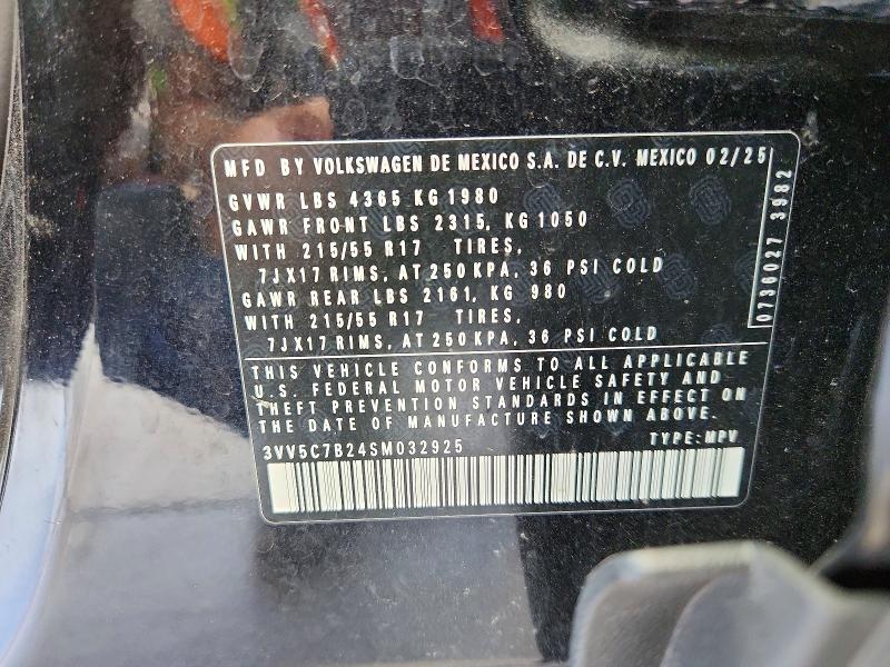 2025 Volkswagen Taos მანქანა იყიდება აუქციონზე, vin: 3VV5C7B24SM032925, აუქციონის ნომერი: 67127496