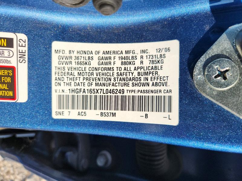 Aukcja sprzedaży 2007 Honda Civic, vin: 1HGFA165X7L046249, numer aukcji: 68302016