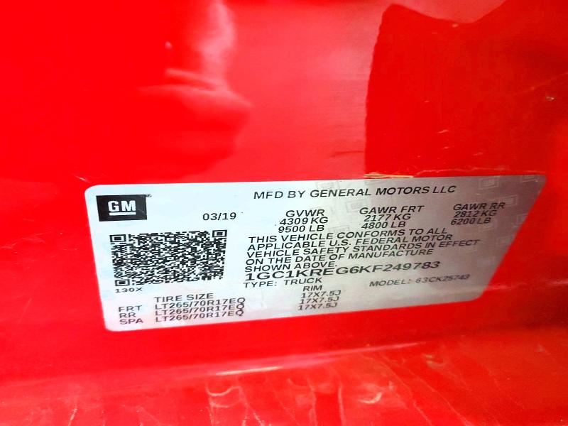 67624636 :رقم المزاد ، 1GC1KREG6KF249783 vin ، 2019 Chevrolet Silverado مزاد بيع