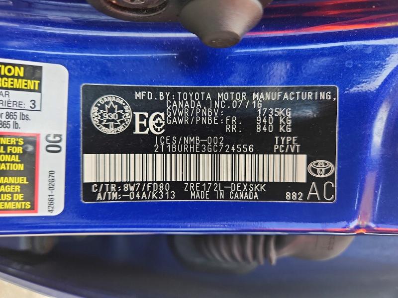 Продаж на аукціоні авто 2016 Toyota Corolla, vin: 2T1BURHE3GC724556, номер лоту: 67161636