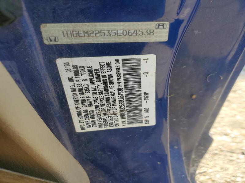 2005 Honda Civic მანქანა იყიდება აუქციონზე, vin: 1HGEM22535L064538, აუქციონის ნომერი: 67477396