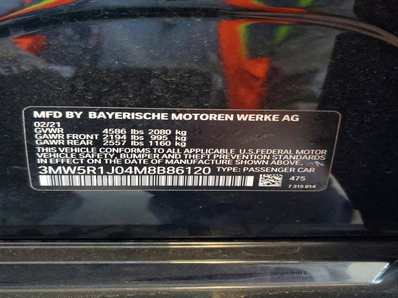 2021 Bmw 330i მანქანა იყიდება აუქციონზე, vin: 3MW5R1J04M8B86120, აუქციონის ნომერი: 70127586