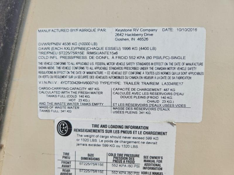 Aukcja sprzedaży 2017 Keystone Laredo, vin: 4YDT33429HV600710, numer aukcji: 68052796