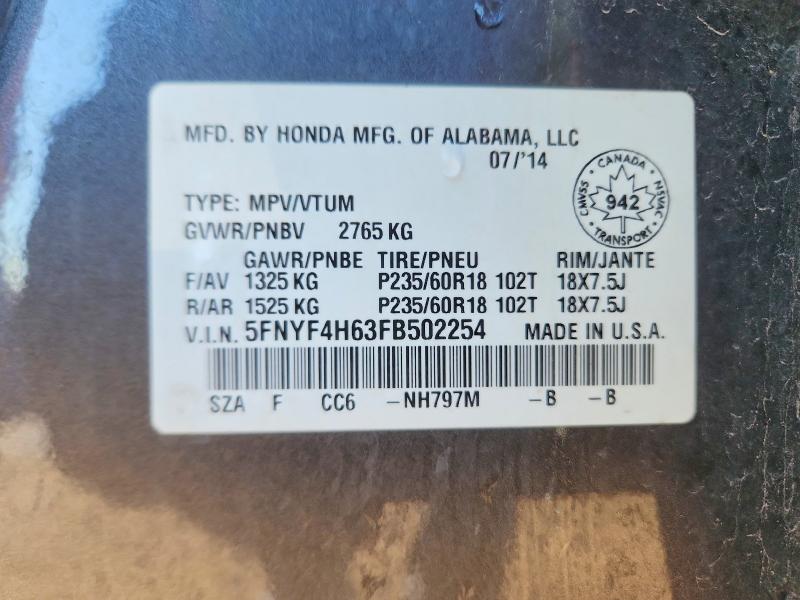 Aukcja sprzedaży 2015 Honda Pilot, vin: 5FNYF4H63FB502254, numer aukcji: 68858976
