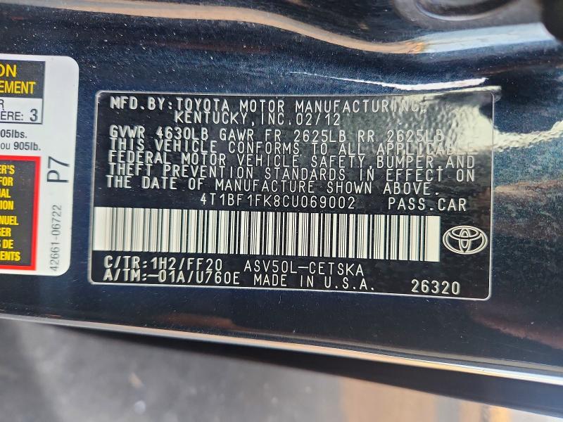 Aukcja sprzedaży 2012 Toyota Camry, vin: 4T1BF1FK8CU069002, numer aukcji: 70239376