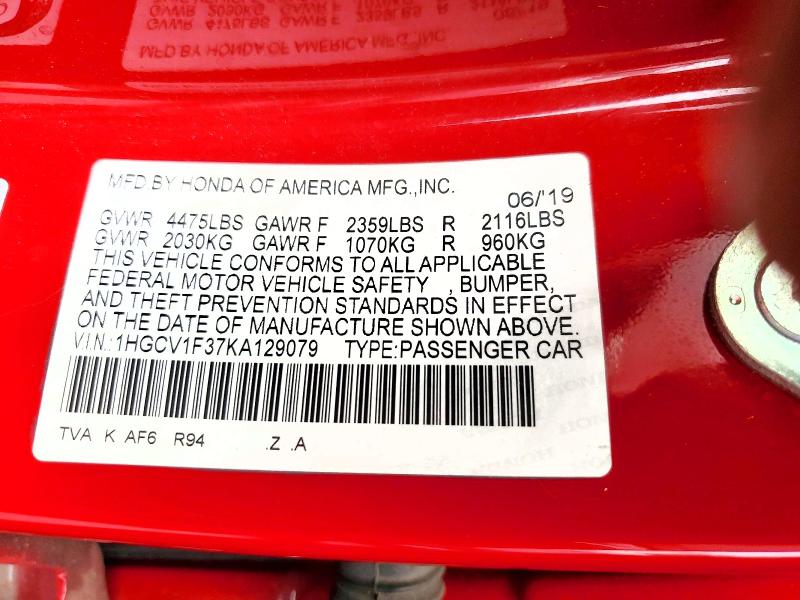 2019 Honda Accord მანქანა იყიდება აუქციონზე, vin: 1HGCV1F37KA129079, აუქციონის ნომერი: 69430186