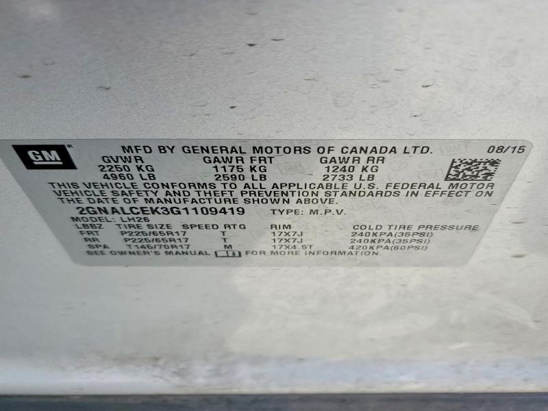 Aukcja sprzedaży 2016 Chevrolet Equinox, vin: 2GNALCEK3G1109419, numer aukcji: 67680486