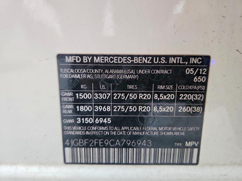 69122206 :رقم المزاد ، 4JGBF2FE9CA796943 vin ، 2012 Mercedes-benz Gl مزاد بيع