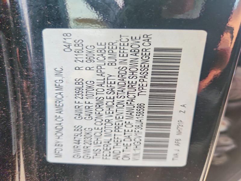 67159796 :رقم المزاد ، 1HGCV1F36JA158586 vin ، 2018 Honda Accord مزاد بيع