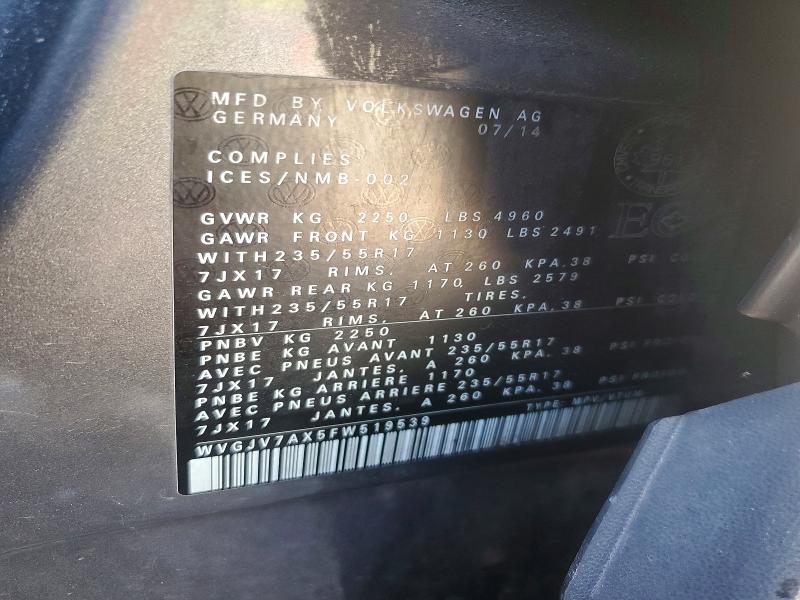 69932136 :رقم المزاد ، WVGJV7AX5FW519539 vin ، 2015 Volkswagen Tiguan مزاد بيع