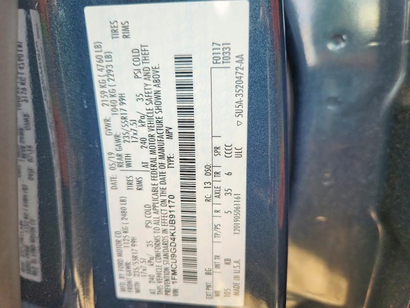 2019 Ford Escape მანქანა იყიდება აუქციონზე, vin: 1FMCU9GD4KUB91170, აუქციონის ნომერი: 68185676