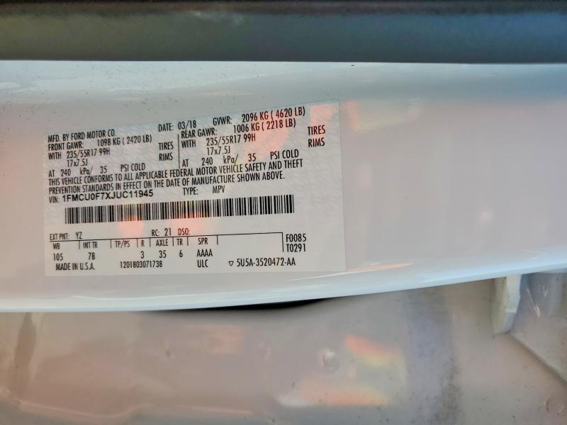 67624926 :رقم المزاد ، 1FMCU0F7XJUC11945 vin ، 2018 Ford Escape مزاد بيع