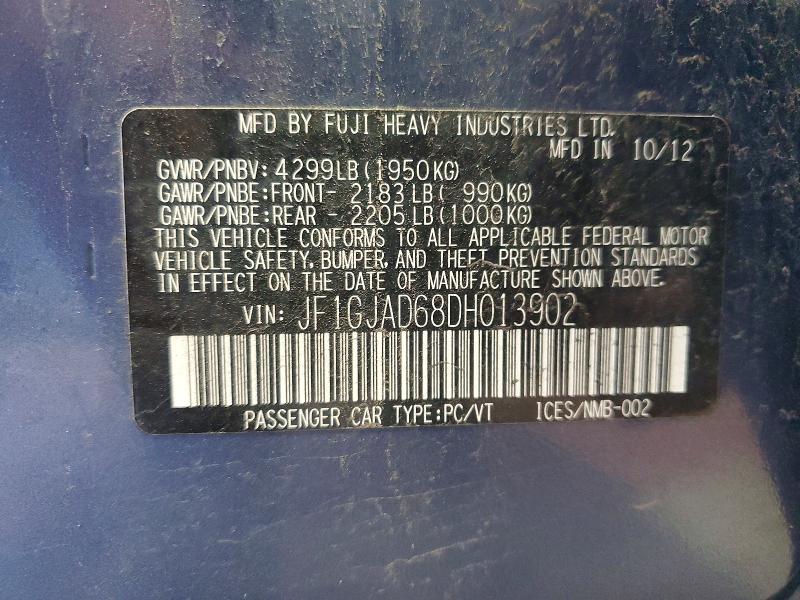 2013 Subaru Impreza მანქანა იყიდება აუქციონზე, vin: JF1GJAD68DH013902, აუქციონის ნომერი: 70231176
