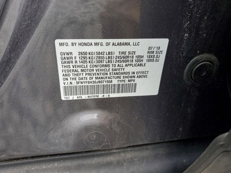Продаж на аукціоні авто 2018 Honda Pilot, vin: 5FNYF6H30JB071558, номер лоту: 69940926