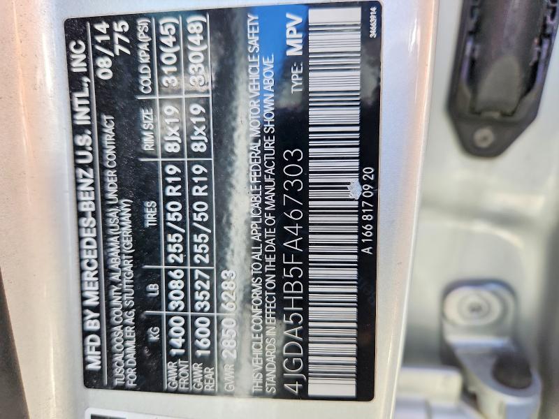 Продажа на аукционе авто 2015 Mercedes-benz Ml, vin: 4JGDA5HB5FA467303, номер лота: 68688476