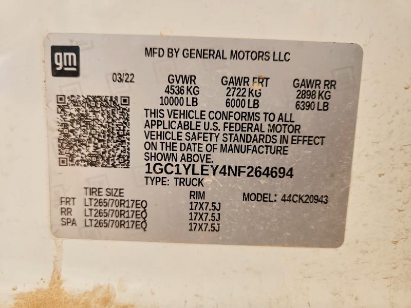 2022 Chevrolet Silverado მანქანა იყიდება აუქციონზე, vin: 1GC1YLEY4NF264694, აუქციონის ნომერი: 70426166