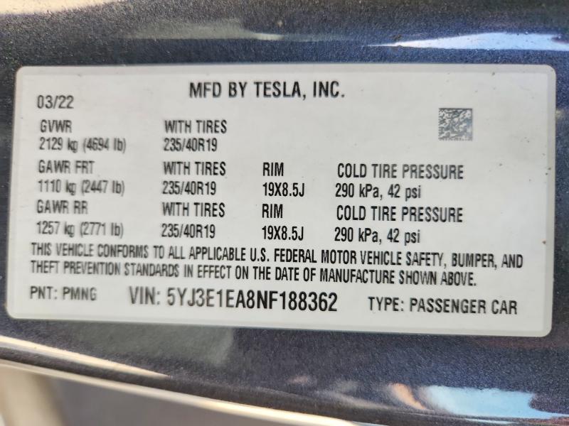 Продажа на аукционе авто 2022 Tesla Model 3, vin: 5YJ3E1EA8NF188362, номер лота: 70551636