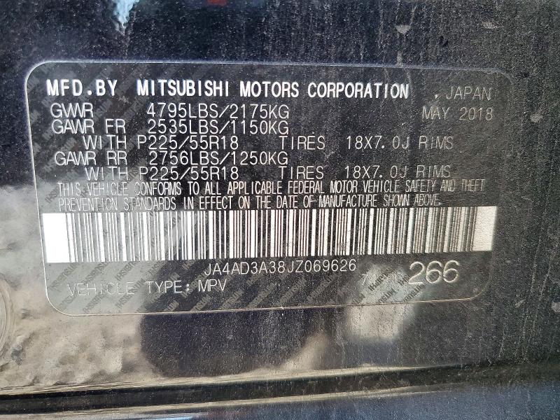 70365016 :رقم المزاد ، JA4AD3A38JZ069626 vin ، 2018 Mitsubishi Outlander مزاد بيع