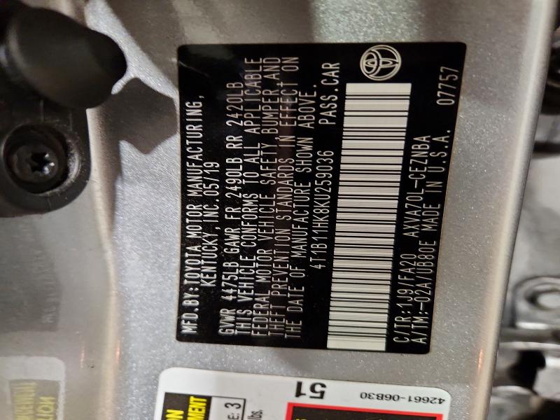 2019 Toyota Camry მანქანა იყიდება აუქციონზე, vin: 4T1B11HK8KU259036, აუქციონის ნომერი: 68569616
