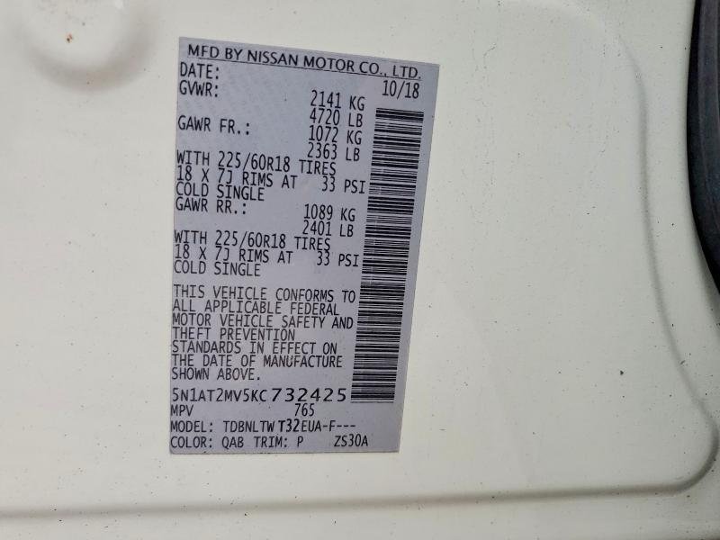 69622166 :رقم المزاد ، 5N1AT2MV5KC732425 vin ، 2019 Nissan Rogue مزاد بيع