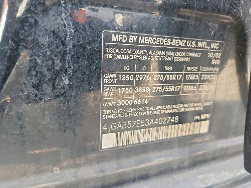 67515886 :رقم المزاد ، 4JGAB57E53A402748 vin ، 2003 Mercedes-benz Ml مزاد بيع