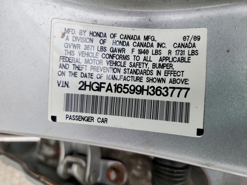 2009 Honda Civic მანქანა იყიდება აუქციონზე, vin: 2HGFA16599H363777, აუქციონის ნომერი: 71091896