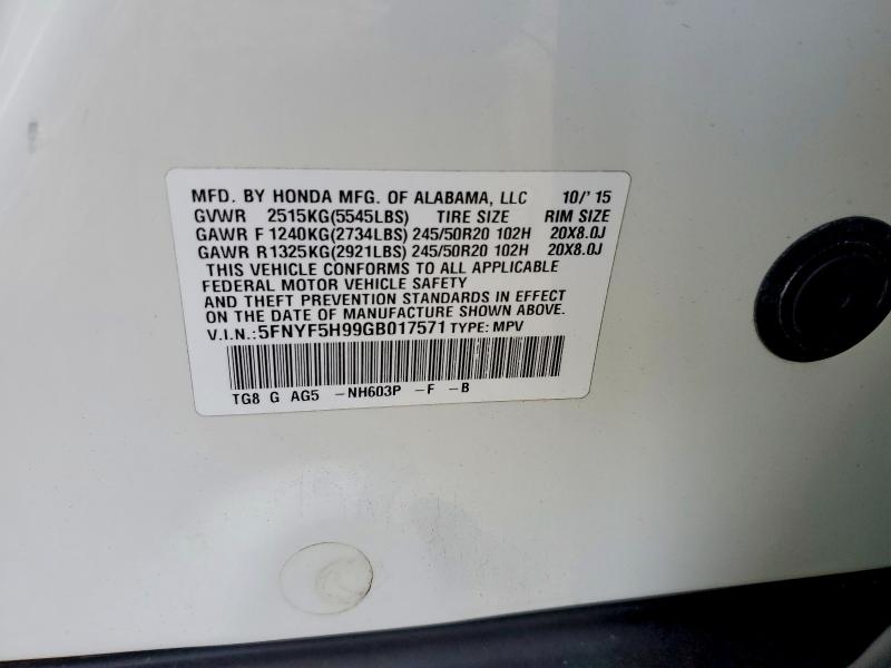 2016 Honda Pilot მანქანა იყიდება აუქციონზე, vin: 5FNYF5H99GB017571, აუქციონის ნომერი: 69385386